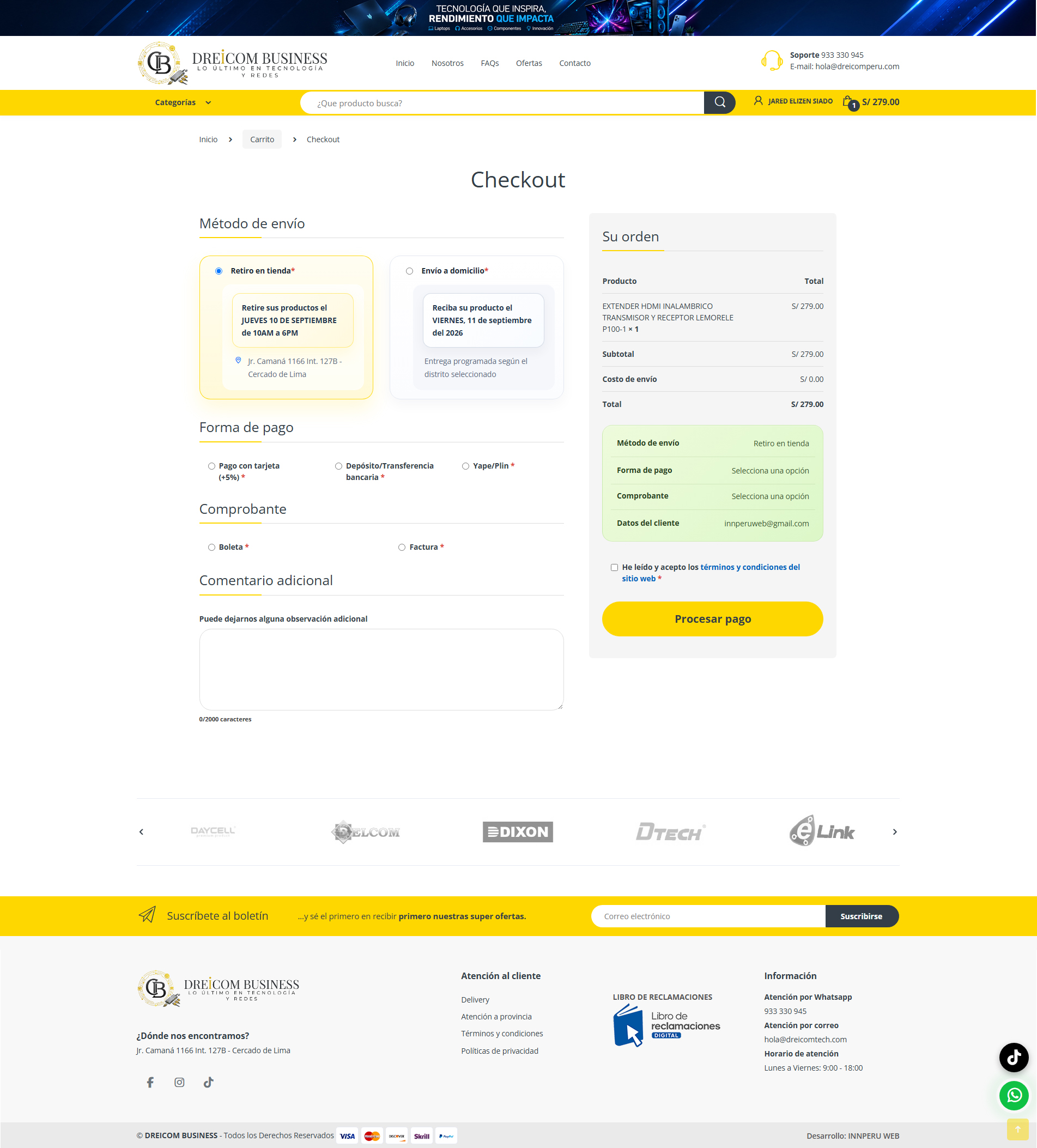 Proceso de checkout de Dreicom Business