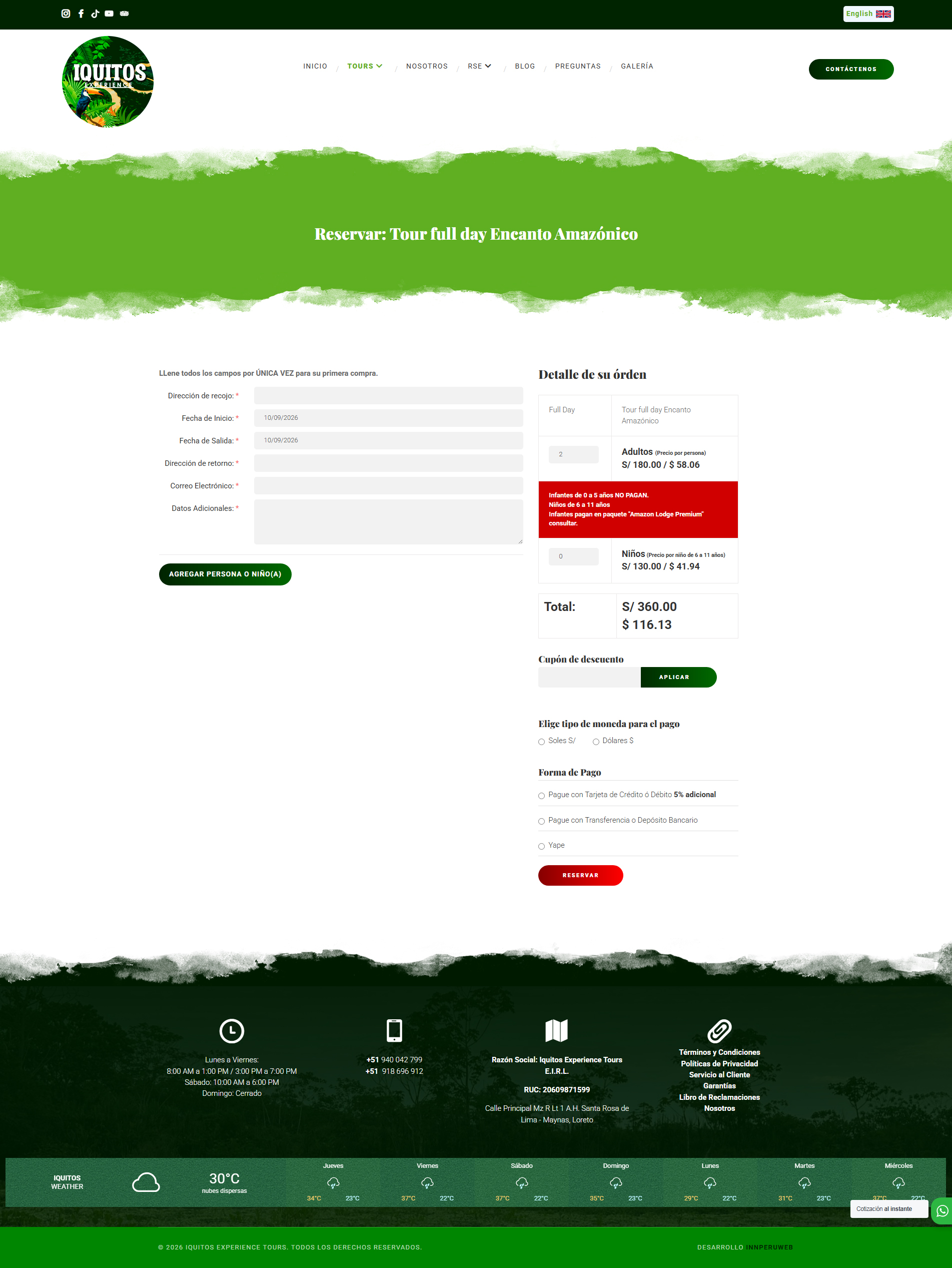 Proceso de reserva de Iquitos Experience Tours