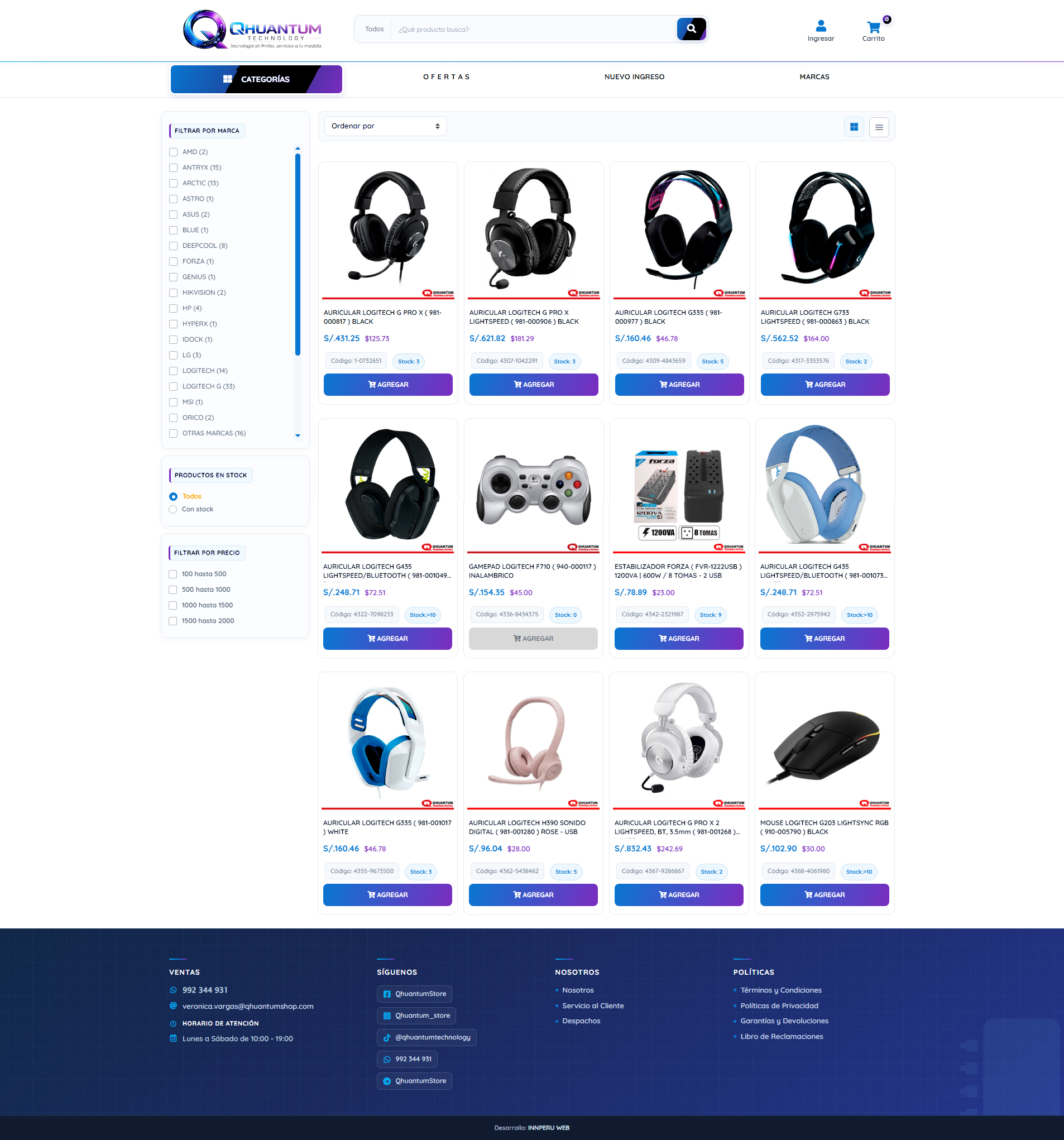 Catálogo de productos de Qhuantum Technology con filtros y disponibilidad