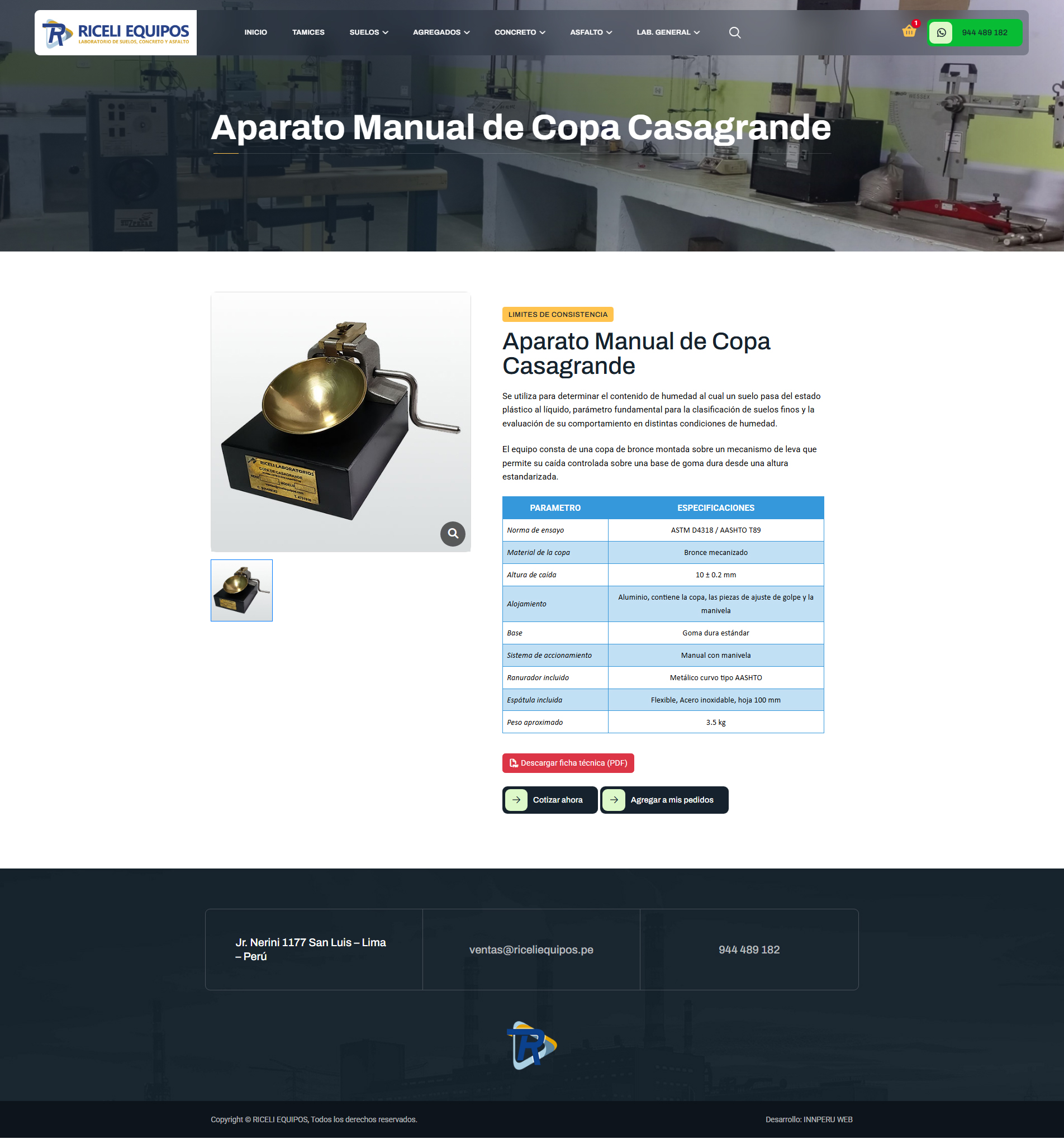 Detalle técnico de producto en Riceli Equipos