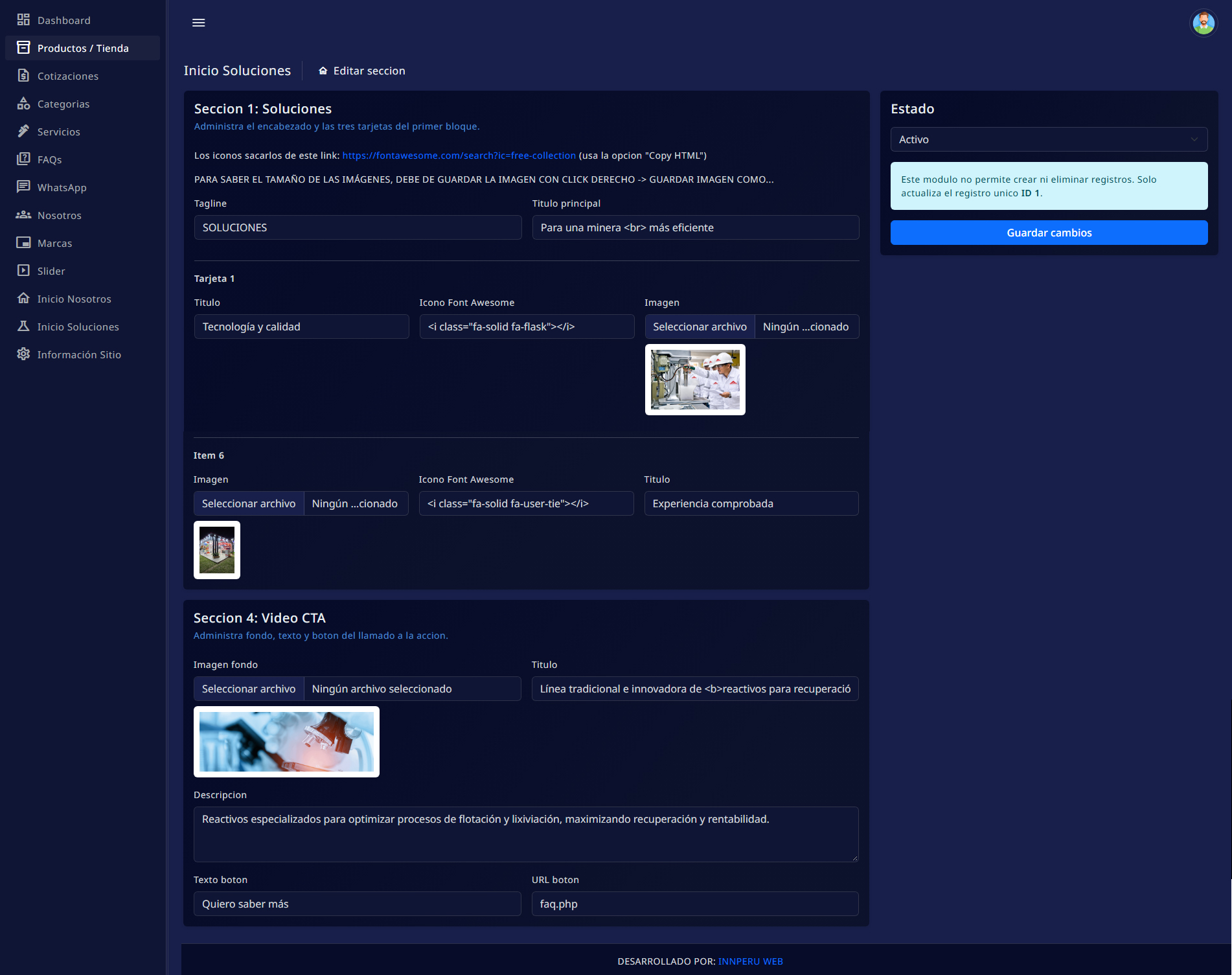 Configuración de secciones visuales en el sistema de gestión premium
